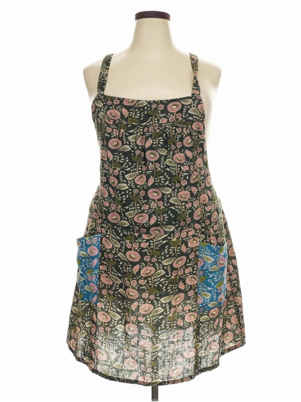 NATURAL LIFE Olive Floral Square-Neck Mini Dress with Blue Patch Pockets